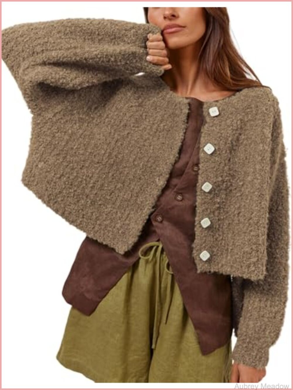 Women Cropped Cardigan Sweater Fluffy Knit Button Down Long Sleeve